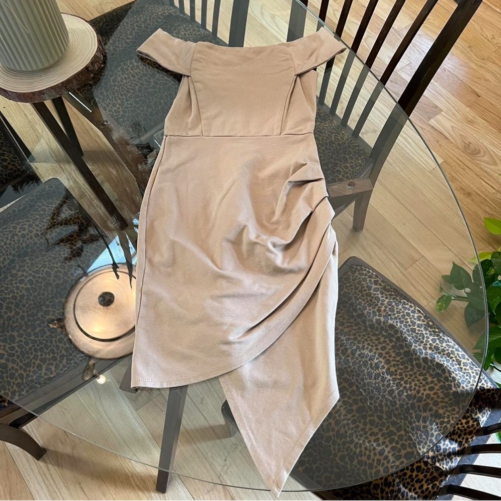 Off the shoulder draped asymmetrical shirt dress